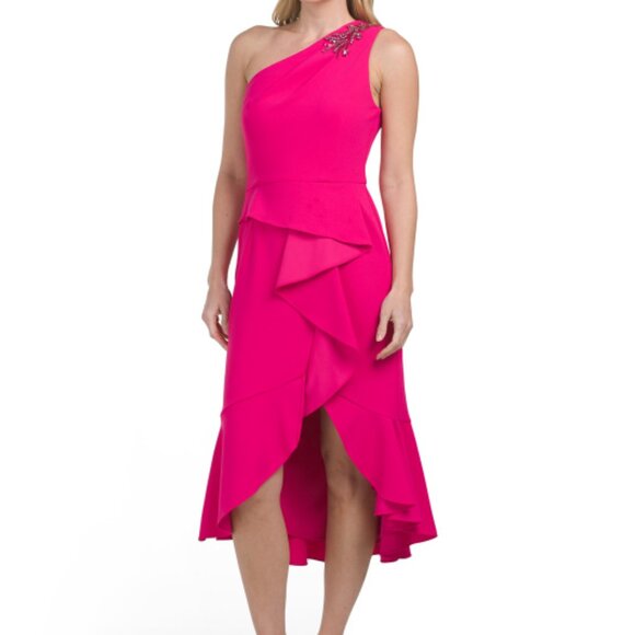 ADRIANNA PAPELL Geranium Beaded One Shoulder Dress - Picture 3 of 3
